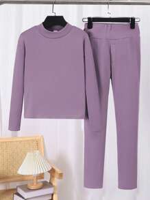 2pcs Tween Boys Minimalist Velvet Half-Turtleneck Long Sleeve Top & Comfortable Pants Set, Casual Soft Underwear Outfit