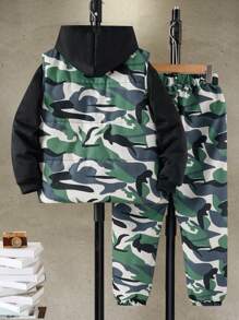 SHEIN Tween Boy Solid Color Long Sleeve Top, Buttoned Front Sleeveless Camo Jacket And Pants 3 Piece Casual Set