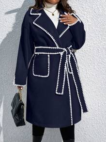 SHEIN Unity 女式大码蕾丝边长袖长款休闲外套，秋冬款 - 藏蓝色 - 查看 4