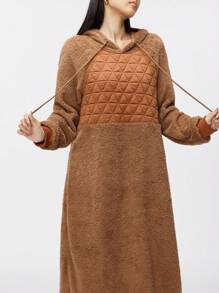 Mulvari Women Hooded Stitching Crown Patchwork Teddy Fleece Casual Elegant Hoodie Dress