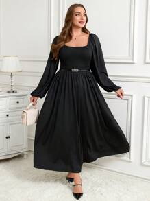 SHEIN Clasi 针织弹力大码黑色方领中长连衣裙，秋冬季舒适 - 黑色 - 查看 8