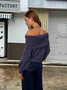 INAWLY Women's Casual Solid Color Foldover Off Shoulder Sweater Knit Pullover Fall Winter Outfit - Dusty Blue - View 6