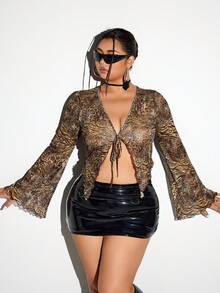 SHEIN ICON Áo lưới họa tiết da báo buộc nơ phía trước cho nữ cỡ lớn - Nhiều màu - Xem 4