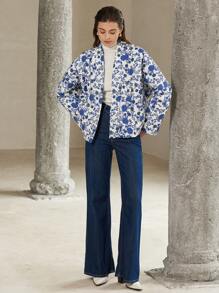 Aveloria Vintage Floral Print V-Neck Oversized Long Sleeve Women Padded Padded Coat Clothes Winter Fall Cloth For Women - Multicolor - View 4