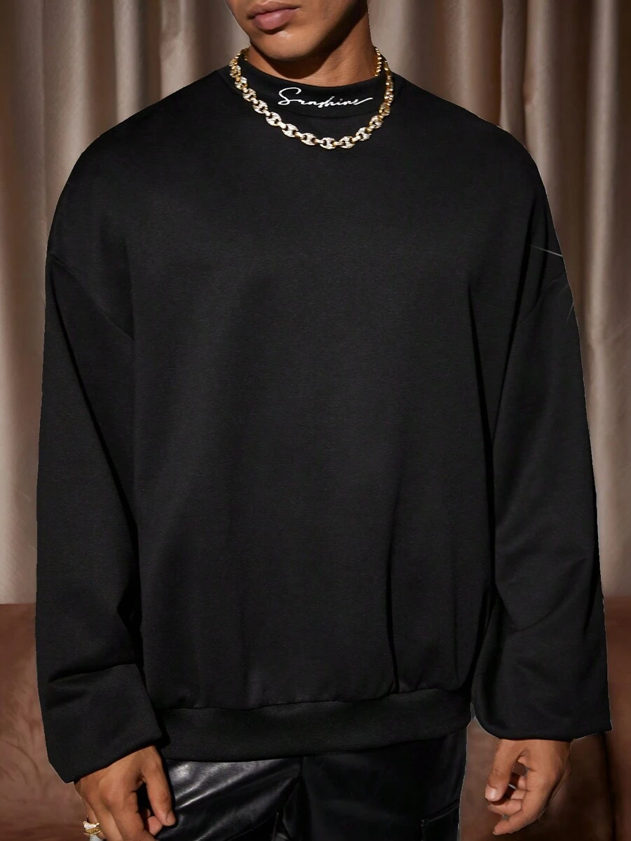 Manfinity VCAY Men's Casual English Text Printed Loose Fit Long Sleeve Sweatshirt, For Fall Winter - Black - View 1