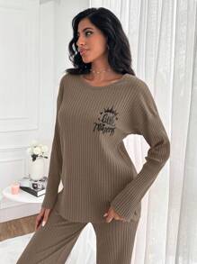 RueChic 100%Cotton Letter Graphic Ribbed Knit Lounge Set - Brown - View 5