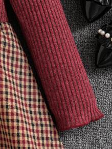 SHEIN Girls Young Girl Puff Sleeve Knit Ribbed Sweater Top And Woven Plaid Hemline Casual Dress With Hat, Elegant Lady Style, Autumn/Winter