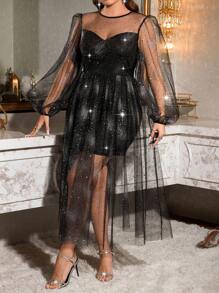 SHEIN Essnce Plus Size Women's New Year's Eve Christmas Sexy Party Black Mesh See-Through Long Dress - Black - View 4