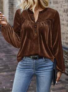 SHEIN LUNE Casual Vintage Solid Color Notch Neck Bishop Sleeve T-Shirt, Autumn