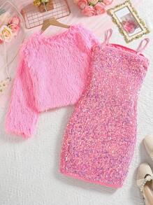 2pcs/Set Tween Girl Furry Short Jacket And Sequin Decorated Dress Set, Autumn/Winter - Pink - View 2