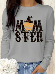 SHEIN LUNE 万圣节卡通字母图案印花长袖 T 恤 - 淺灰色 - 查看 1