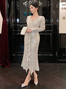 DAZY Robe midi fendue à encolure en V, volants et paillettes pour femmes, robe de soirée pour anniversaire, Nouvel An, automne à manches longues. Robe élégante et de luxe avec paillettes pour femmes. - Nude - Voir 4