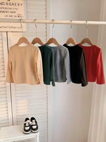 SHEIN 5 chiếc/gói Áo thun cổ tròn dài tay thường ngày phù hợp cho bé trai/bé gái, vừa vặn thoải mái, màu đen, xám, kaki, nâu, xanh lá cây, phối nhiều màu - Nhiều màu - Xem 2