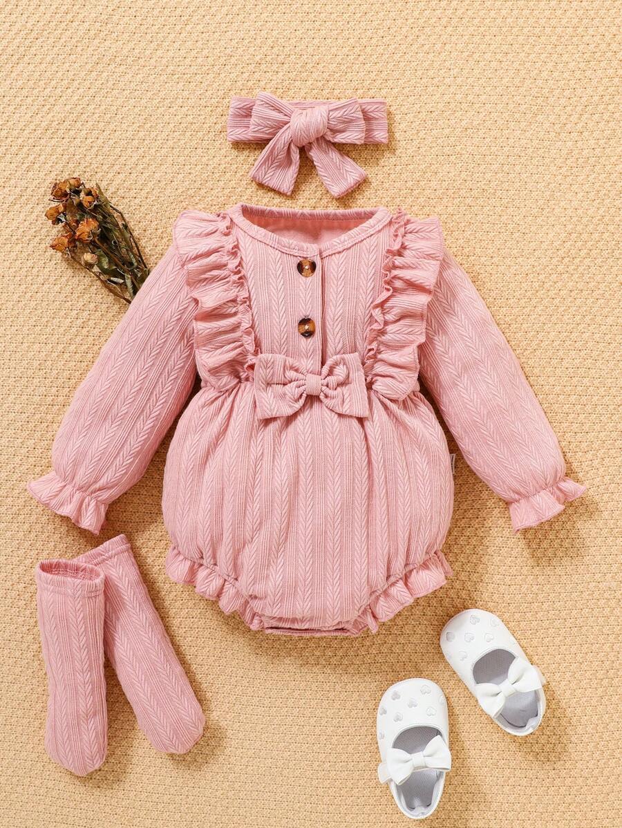 SHEIN 3 件套女婴优雅纹理连体衣、蝴蝶结头带和及膝袜,舒适冬季服装 - 粉色 - 查看 1