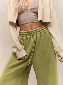 MISSGUIDED Quần dài thể thao ống rộng siêu rộng Quần dài thể thao mặc nhà Quần chạy bộ mùa đông thu lưng thun Quần thể thao mặc nhà thoải mái tập gym yoga - Màu xanh Ô liu - Xem 3