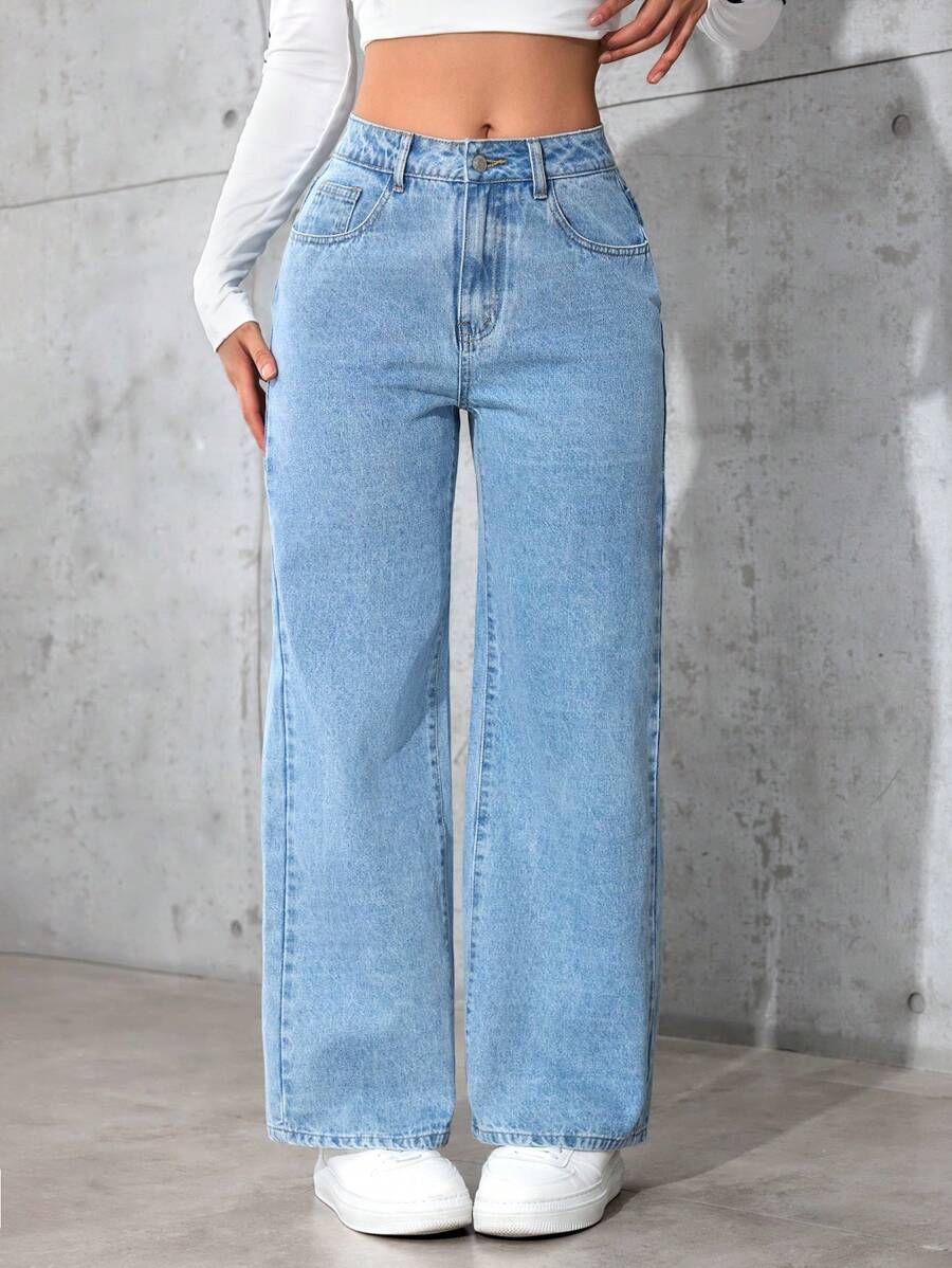 SHEIN PETITE Quần Jeans Ống Thẳng Túi Rộng Đơn Giản Đa Năng Cho Nữ - Rửa nhẹ - Xem 1