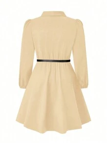 SHEIN Clasi Plus Size Women Elegant Solid Color Shawl Neck Puff Sleeve Pleated Hem Midi Dress With Belt