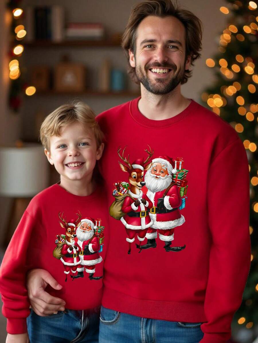 SHEIN 圣诞老人与驯鹿卡通图案休闲基本款卫衣，适合男婴参加圣诞派对 - 酒紅色 - 查看 1