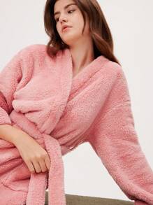 LUVLETTE 冬季柔软羊毛毛绒系腰睡衣家居服长袍