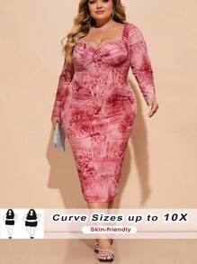 SHEIN CURVE+ 大码浪漫约会旅行蕾丝花卉印花网眼紧身中长连衣裙