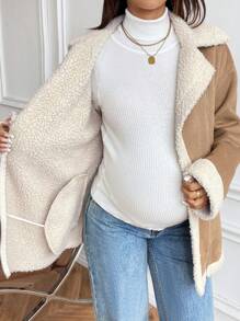 SHEIN Giacca premaman invernale in velluto colorblocco con tasche e cerniera, maniche lunghe - Cachi - Visualizzare 6
