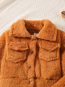 SHEIN Bộ 3 món/Bộ Áo khoác dài tay giả cổ lông thời trang cho bé gái + Áo ba lỗ thun cổ tròn màu đen + Quần co giãn rách họa tiết đồ họa trang phục thường ngày - màu nâu - Xem 5