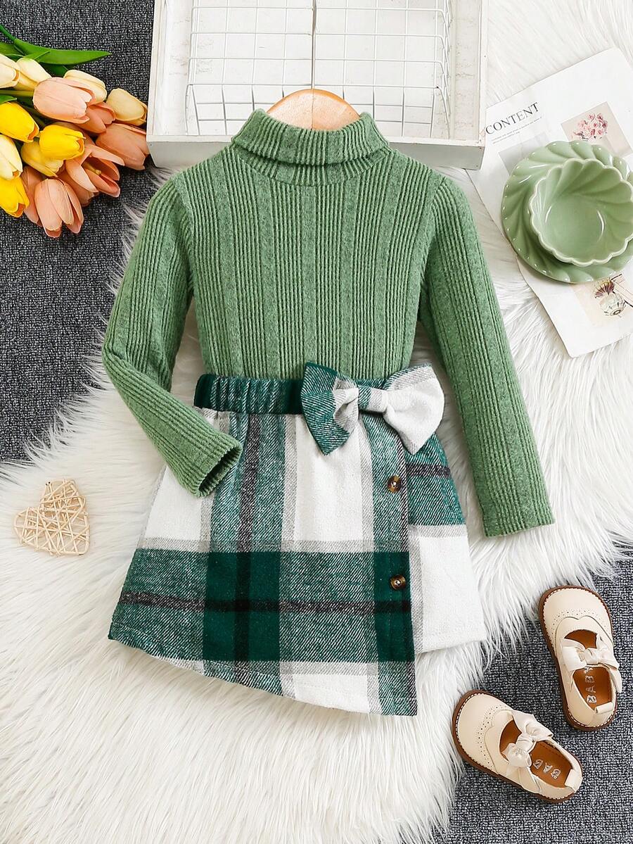 2 件套女孩纯色高领长袖上衣和蝴蝶装饰短裙休闲装 - 綠色 - 查看 1