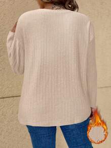 Vionelle Plus Size Women Solid Color Ribbed Velvet Loose All-Match Long Sleeve T-Shirt, Versatile For Autumn And Winter - Apricot - View 2