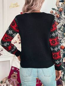 SHEIN LUNE Christmas Pattern Casual Knit Sweater, Autumn/Winter, Knit Pullover Fall - Black - View 2