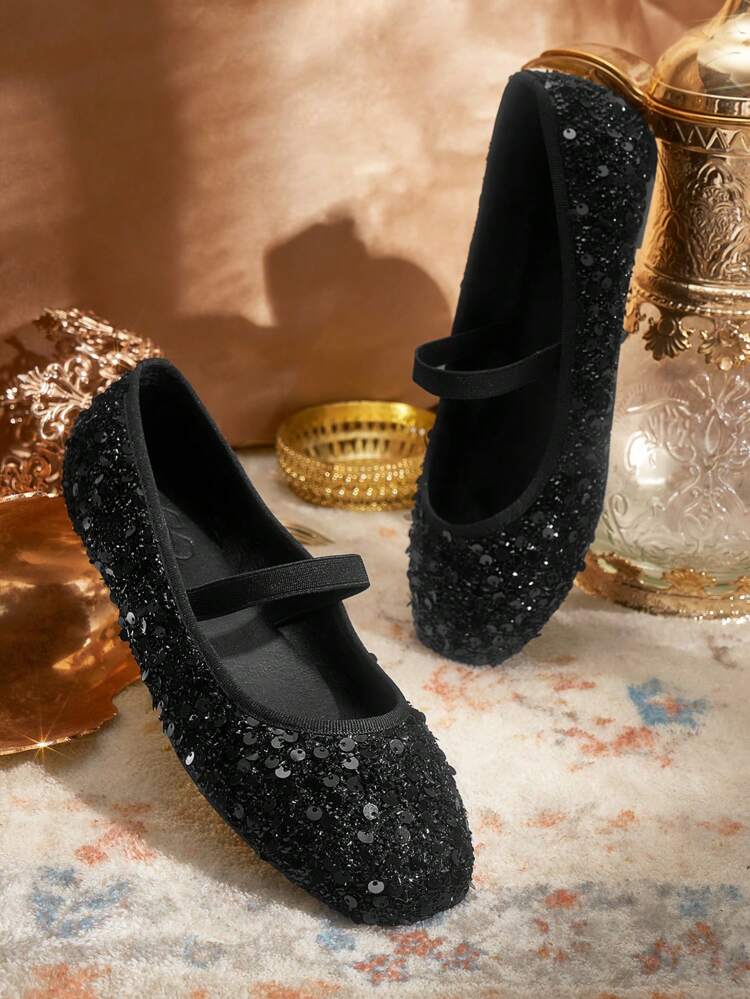 CUCCOO TILAWA Women's Casual & Versatile Black Sequin Flat Shoes Valentines