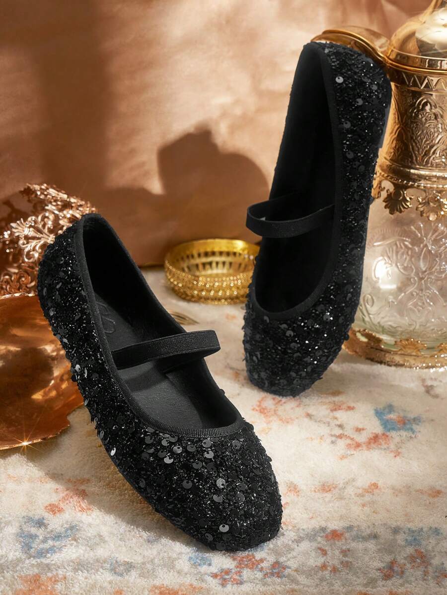 CUCCOO TILAWA Giày bệt đính sequin đen giản dị và đa năng cho nữ ngày lễ tình nhân - màu đen - Xem 1