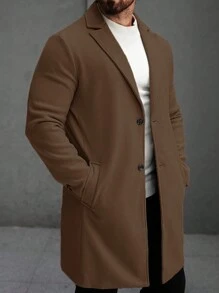 Manfinity Homme Men's Solid Color Pocket & Button Front Long Sleeve Overcoat, Autumn  Fall Clothes - Brown - View 5