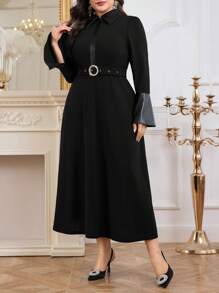 Modelyn 大码女式秋季拼接 PU 皮革喇叭袖长款优雅连衣裙长款晚礼服 - 黑色 - 查看 4