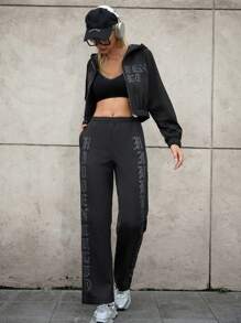 Hanevo Setelan Jaket dan Celana Bermotif Pas Badan Gaya Gothic Y2K, Tampilan Sporty untuk Pakaian Olahraga Musim Gugur untuk Wanita - Hitam - View 4