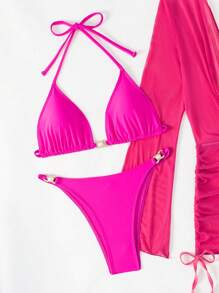 SHEIN Swim Summer Beach Solid Halter Triangle Bikini Set With Cover Up