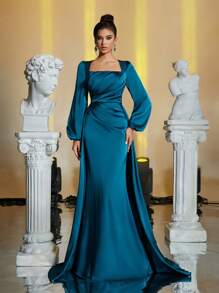 Glamrae Elegant Green Square Neck Lantern Sleeve Chest Pleated Maxi Mermaid Dress With Detachable Flounce, Formal Wear For All Occasions, Long Sleeve Prom Evening Dress, For Wedding Guest, Graduation, Dinner
