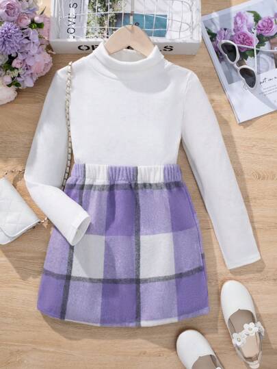 Tween Girl Casual Collared Long Sleeve T-Shirt And Plaid Print Elastic Waist Mini Skirt Set