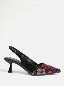 CUCCOO TILAWA 性感时尚黑色亮片尖头低跟休闲露跟女式高跟鞋