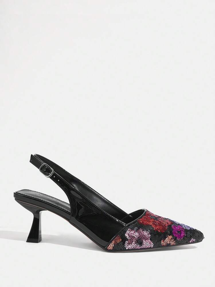 CUCCOO TILAWA Sexy & Stylish Black Sequin Pointed Toe Low Heel Casual Slingback Women Pumps Spring Shoes Spring Break Easter Prom Heels For Christmas