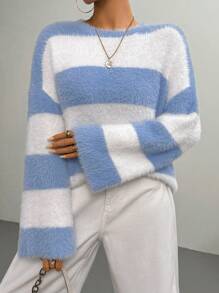 SHEIN Unity Casual Color Block Stripe Bell Sleeve Sweater, Autumn/Winter, Knit Pullover Fall - Multicolor - View 4
