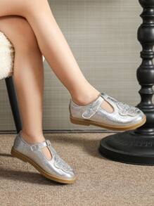 银色芭蕾平底鞋幼儿女童一脚蹬休闲鞋，儿童春季鞋 - 銀色 - 查看 7