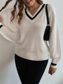 Chiquease 休闲宽松 V 领拼色罗纹饰边落肩毛衣，秋冬 - 白色 - 查看 6
