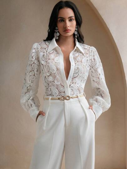 Anewsta Blusa para mujer con mangas largas, diseño de encaje calado y bordado, estilo de patchwork, para usar en fiestas y eventos especiales