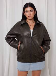 SHEIN EZwear Chaqueta de estilo vintage punk rock con solapa desgastada, para mujer talla grande, apta para otoño/invierno - Marrón - Ver 1