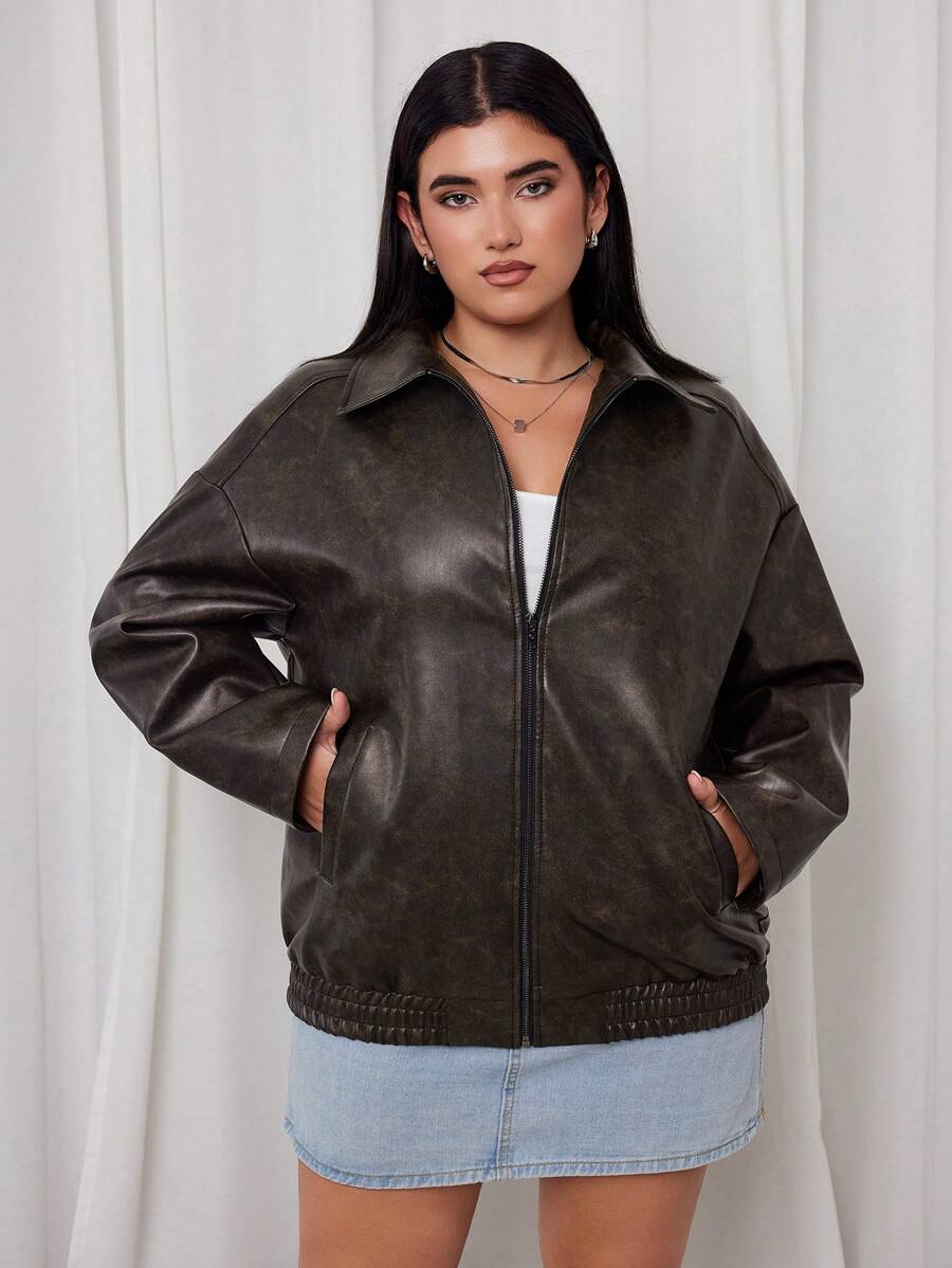 SHEIN EZwear Chaqueta de estilo vintage punk rock con solapa desgastada, para mujer talla grande, apta para otoño/invierno - Marrón - Ver 1