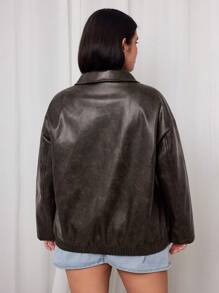 SHEIN EZwear Chaqueta de estilo vintage punk rock con solapa desgastada, para mujer talla grande, apta para otoño/invierno - Marrón - Ver 2
