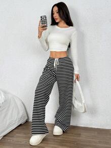 SHEIN EZwear 女式黑白条纹针织保暖内衬休闲阔腿裤，冬季保暖 - 黑與白 - 查看 4