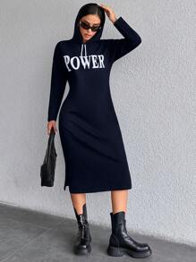 EURMUSE 100%Cotton Letter Print Hoodie Loose Dress - Navy Blue - View 5