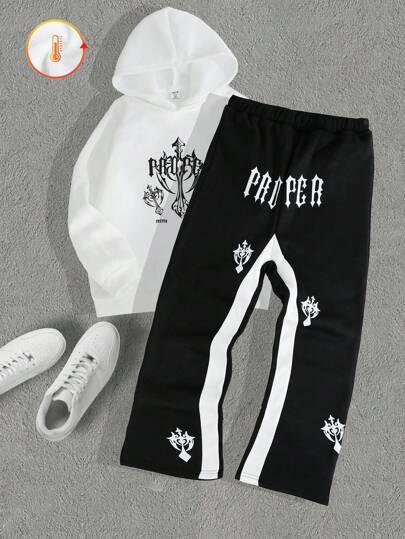 SHEIN Tween Boy English Graphic Print Thermal Lined Hooded Sweatshirt, Streetwear Daily Casual Outerwear, Suitable For Spring And Autumn Chic Outfits For Autumn/Winter