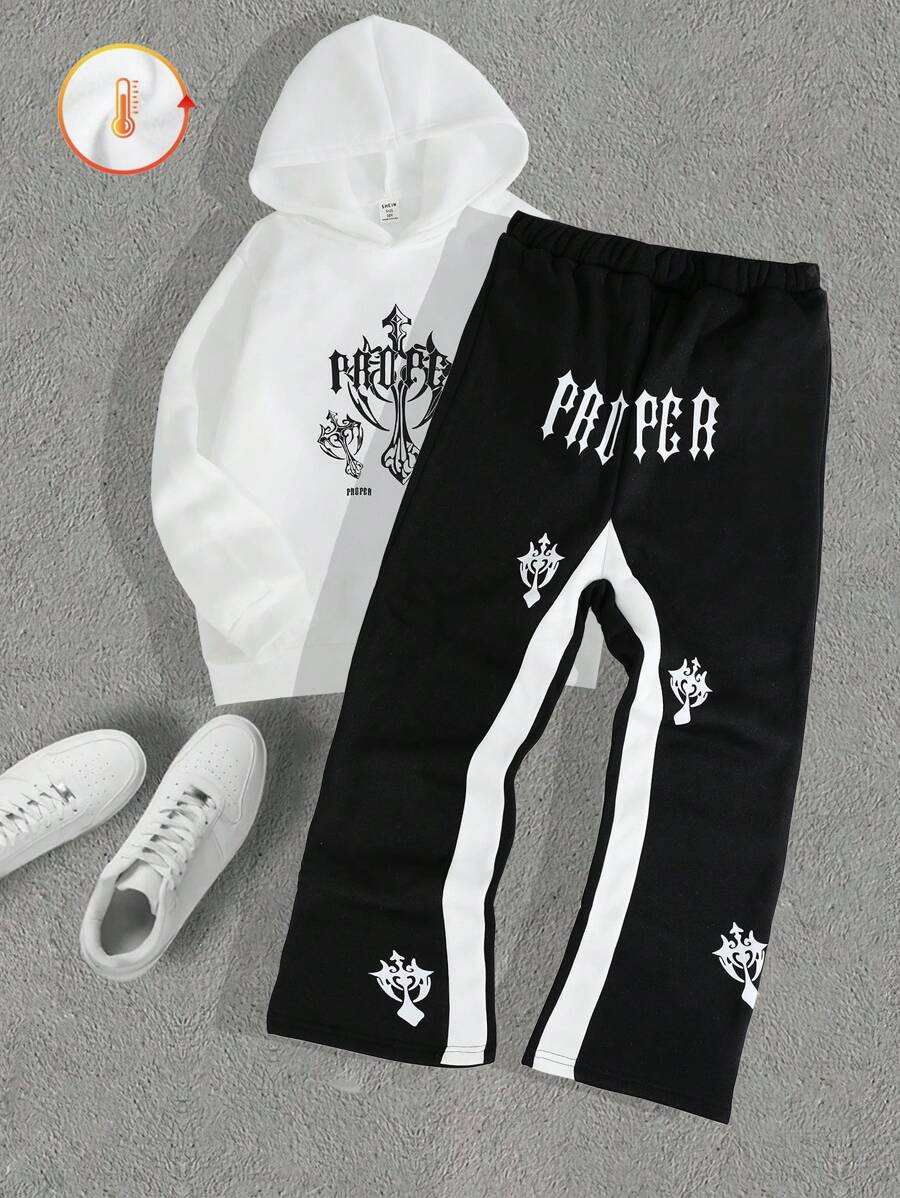 SHEIN Tween Boy 英文图案印花保暖内衬连帽运动衫，街头日常休闲外套，适合春秋季节 - 黑與白 - 查看 1